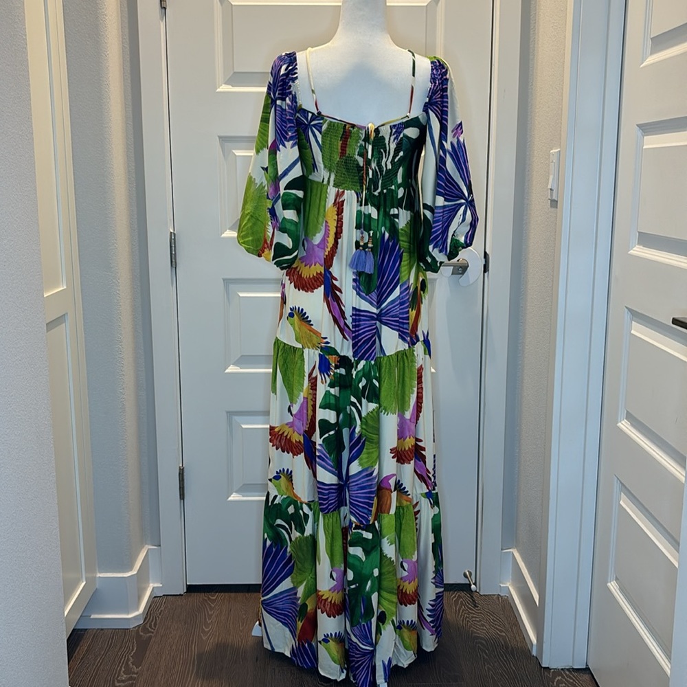 FARM Rio Tropical Parrot Print Maxi Dress in Green, Purple, White - Picture 6 of 11